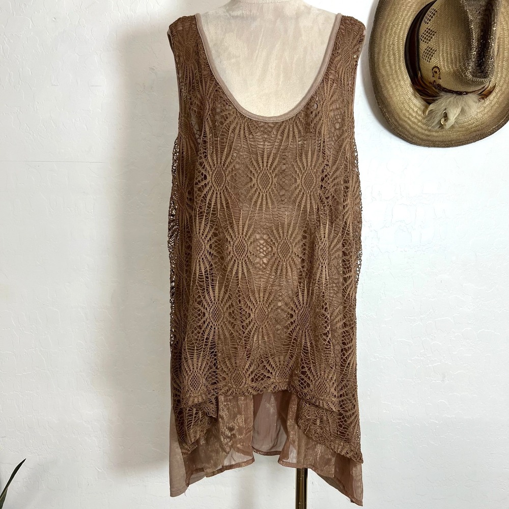 A'reve Crochet Starburst Lace Halter Tunic Tank Top Plus Sz 1XL Brown Boho Chic